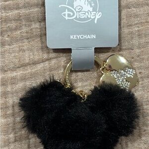 Disney Black Fuzzy Mickey Ears Keychain w Gold Heart Charm Rhinestone castle